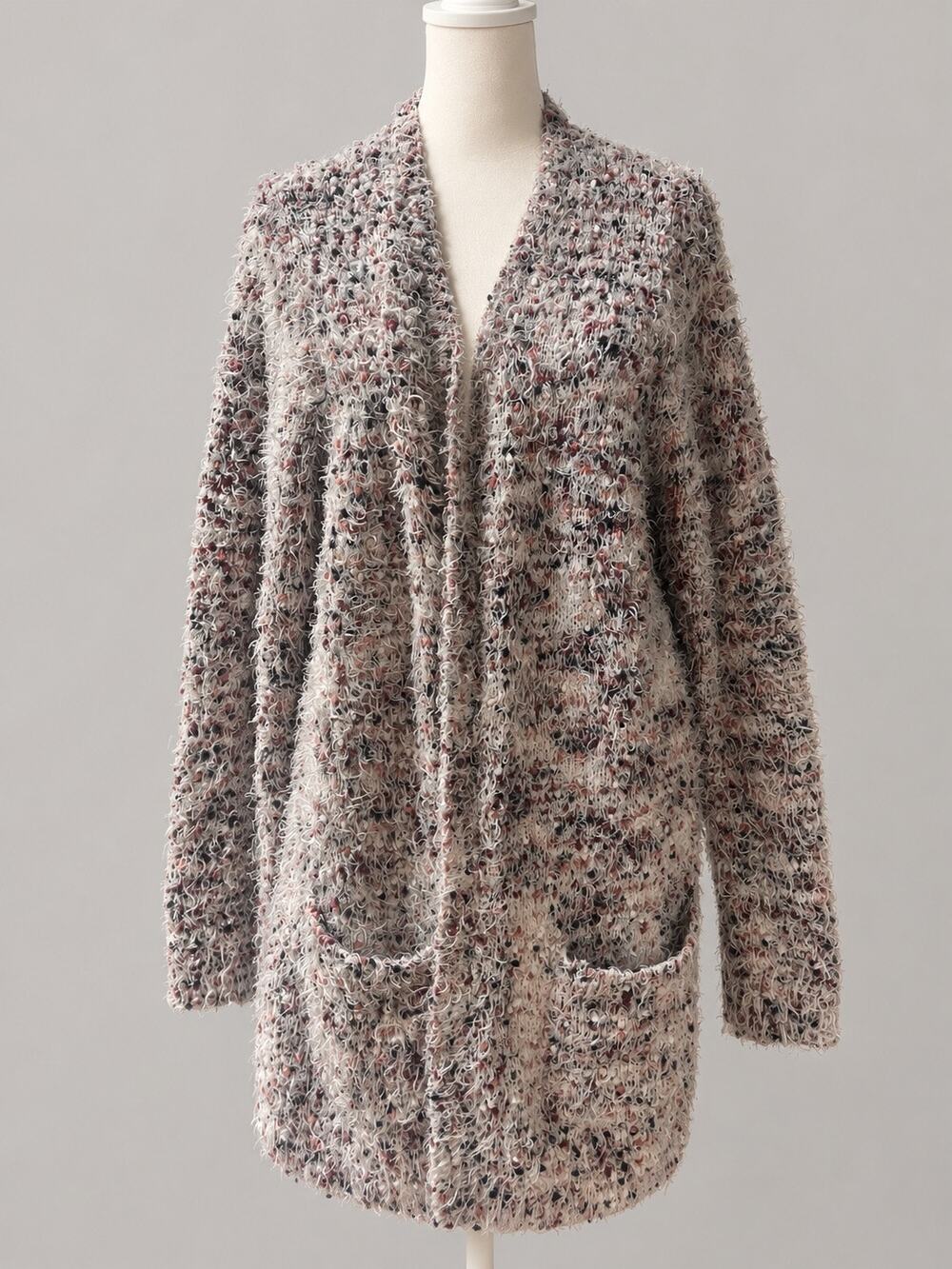 Torrid 2 2X Eyelash Knit Long Cardigan Cream Pink Gray Open Front Pockets